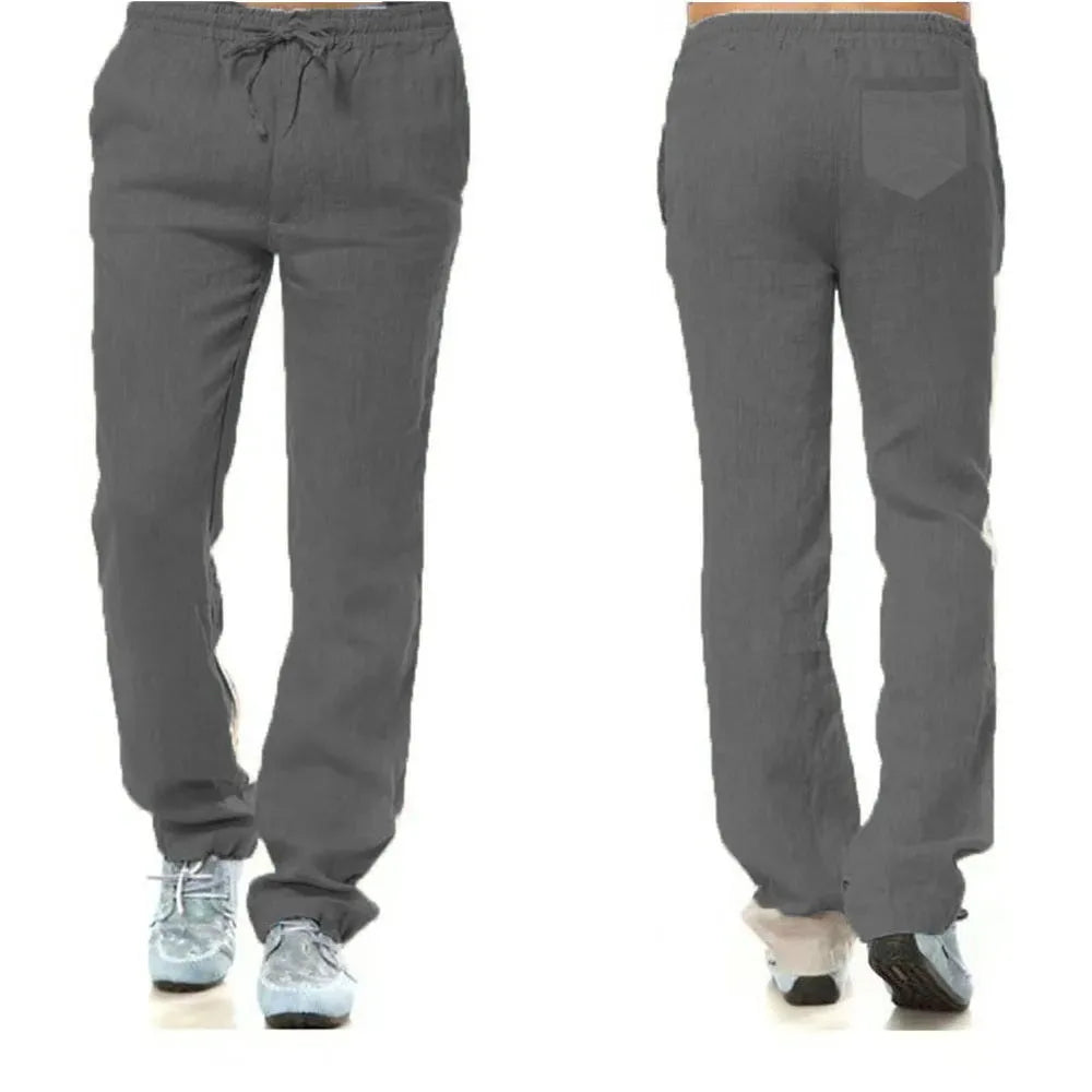 Pantalones de Lino y Algodón para Hombre – Corte Recto, Casual Streetwear con Bolsillo Trasero