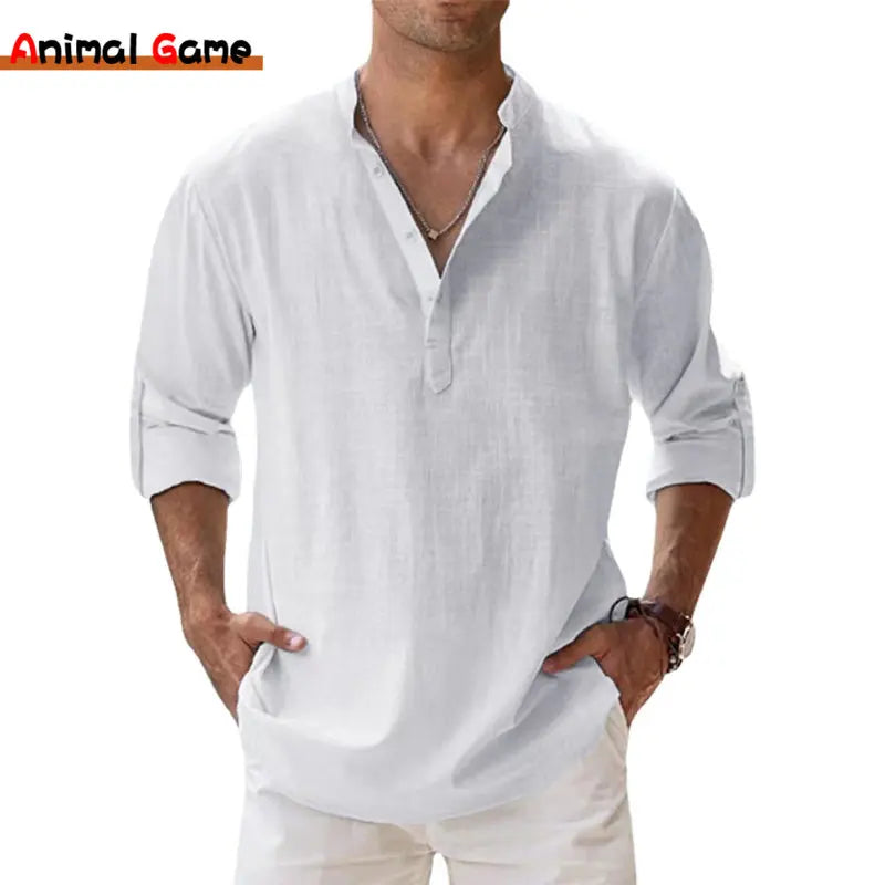 Camisa de Lino y Algodón para Hombre | Manga Larga Casual Streetwear