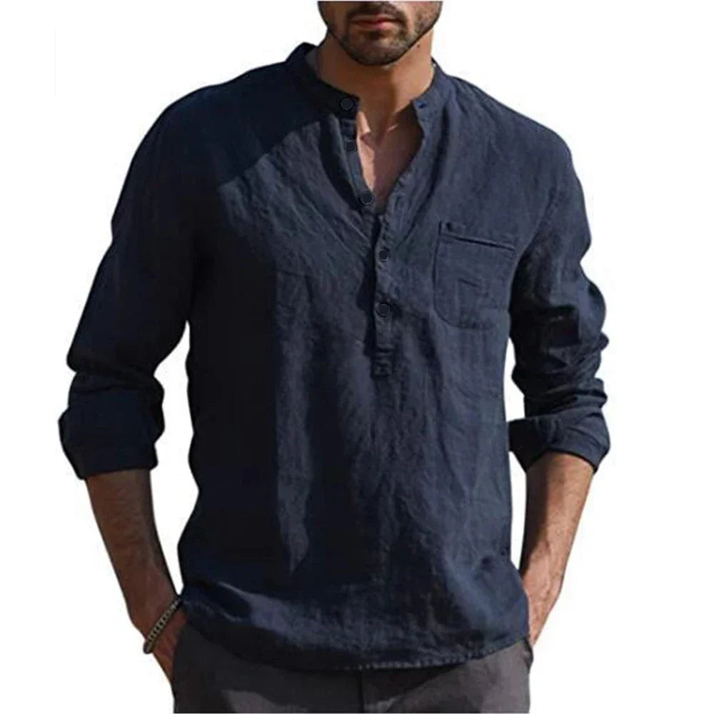 Camisa de manga larga de algodón de lino para hombre