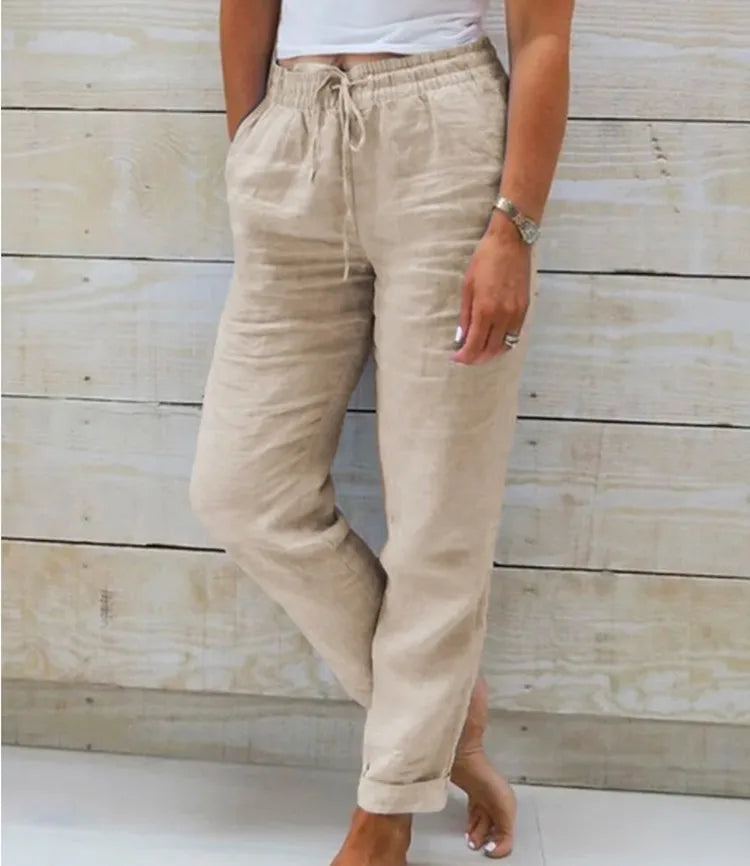 Pantalones Lápiz de Lino y Algodón para Mujer – Cintura Elástica Alta, Estilo Casual Urbano
