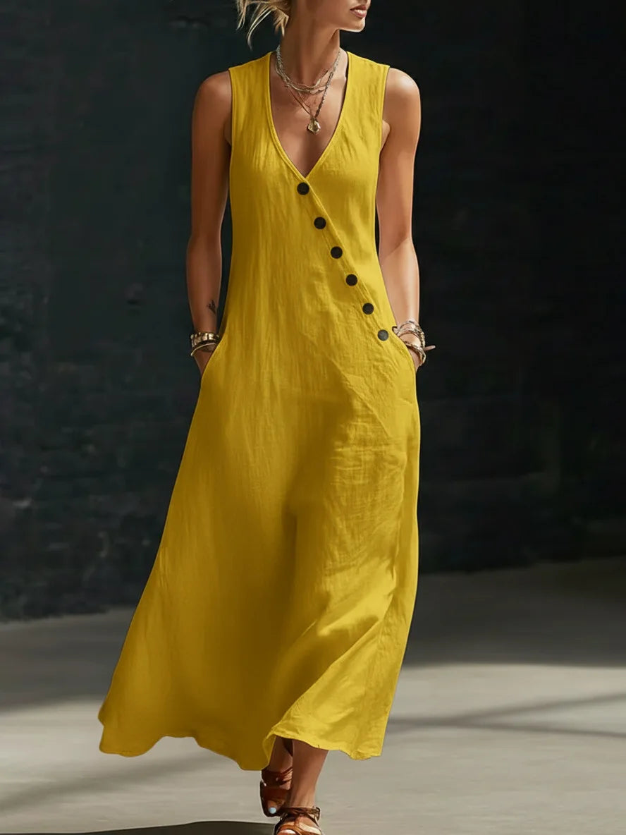 Vestido Midi Lino V-Neck con Bolsillos
