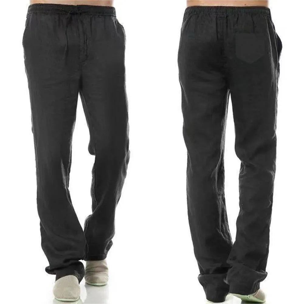 Pantalones de Lino y Algodón para Hombre – Corte Recto, Casual Streetwear con Bolsillo Trasero