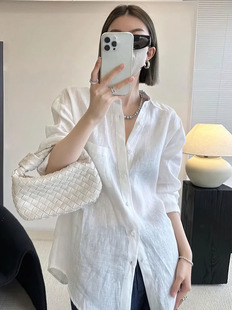 Camisa larga de algodón de lino de manga larga