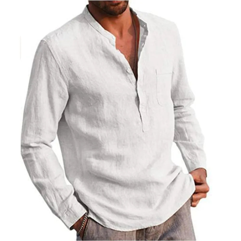 Camisa de manga larga de algodón de lino para hombre