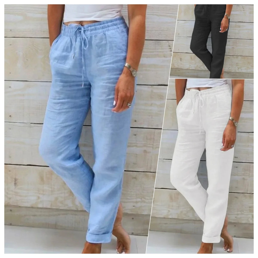Pantalones Lápiz de Lino y Algodón para Mujer – Cintura Elástica Alta, Estilo Casual Urbano