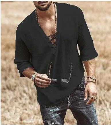 Camisa Casual de Manga 3/4 para Hombre — Cuello en V, Algodón y Lino, Colores Sólidos
