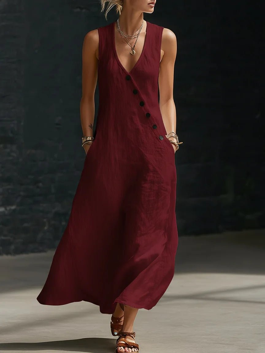 Vestido Midi Lino V-Neck con Bolsillos