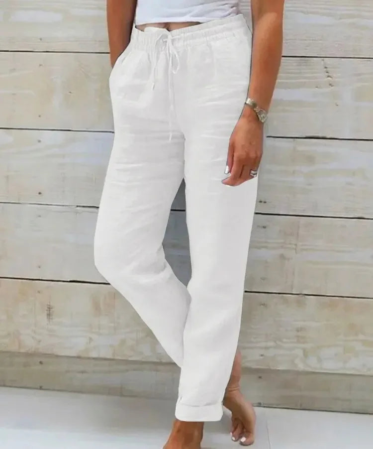 Pantalones Lápiz de Lino y Algodón para Mujer – Cintura Elástica Alta, Estilo Casual Urbano