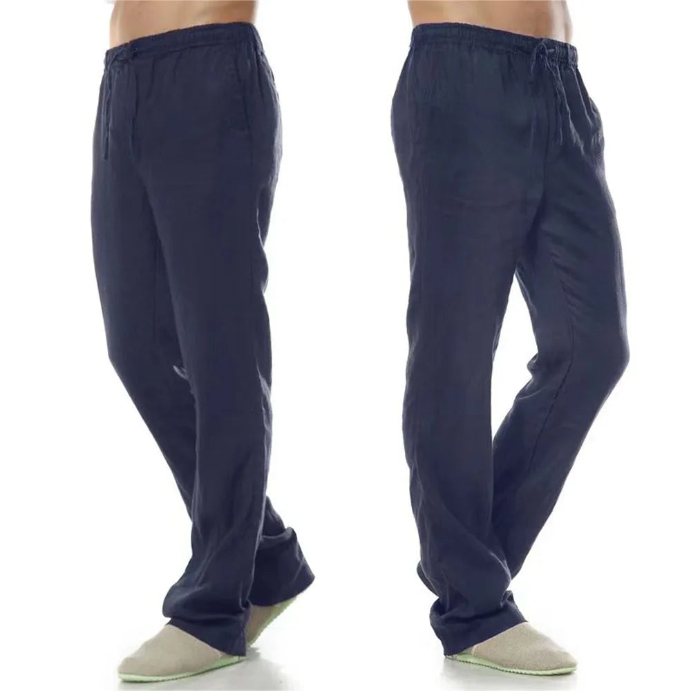 Pantalones de Lino y Algodón para Hombre – Corte Recto, Casual Streetwear con Bolsillo Trasero