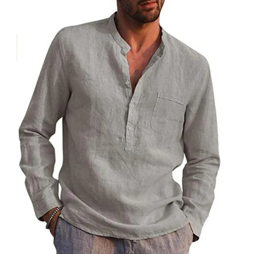 Camisa de manga larga de algodón de lino para hombre