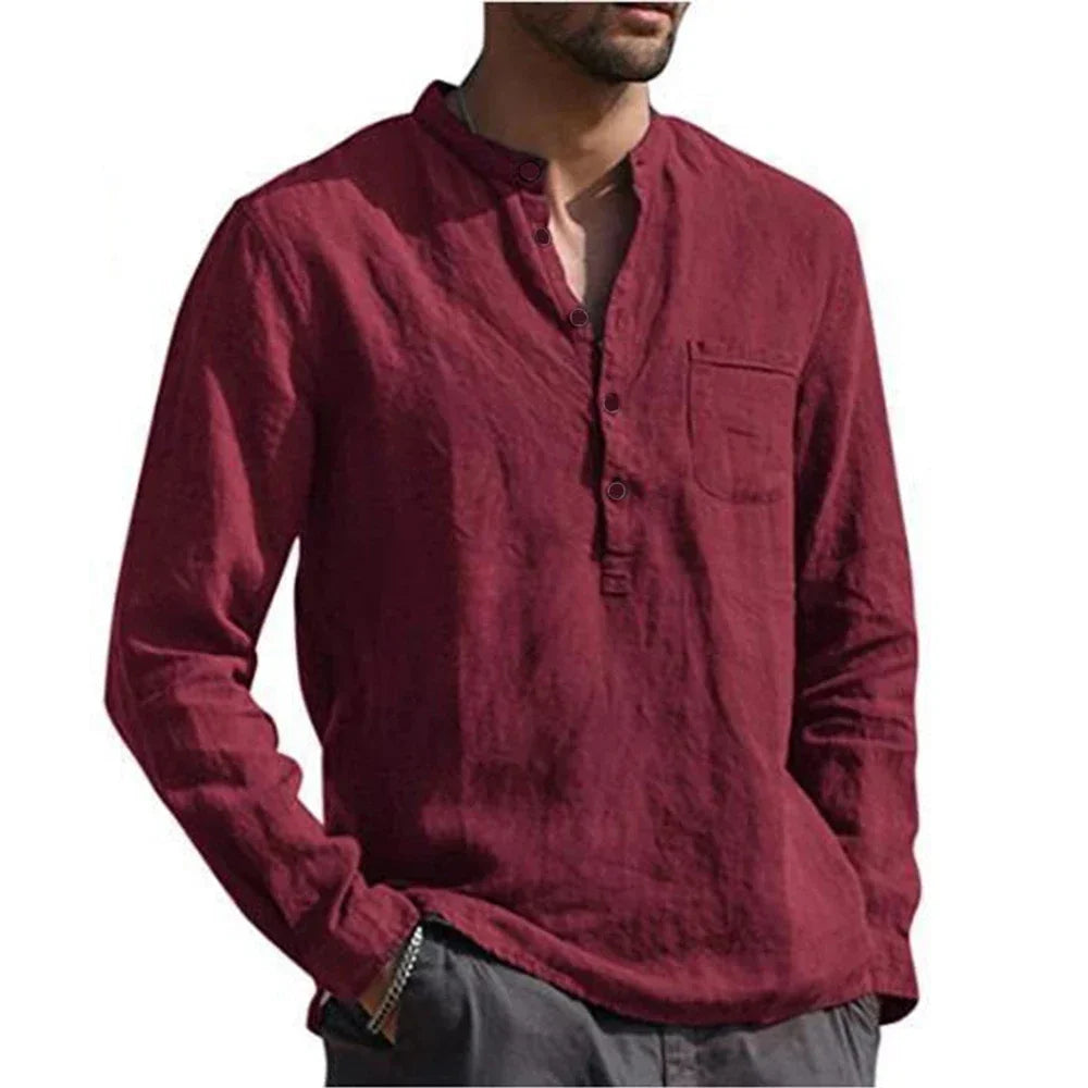 Camisa de manga larga de algodón de lino para hombre