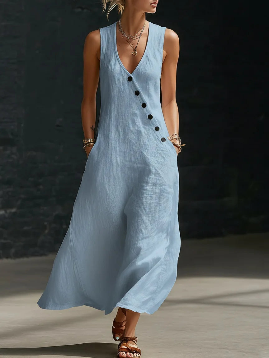 Vestido Midi Lino V-Neck con Bolsillos