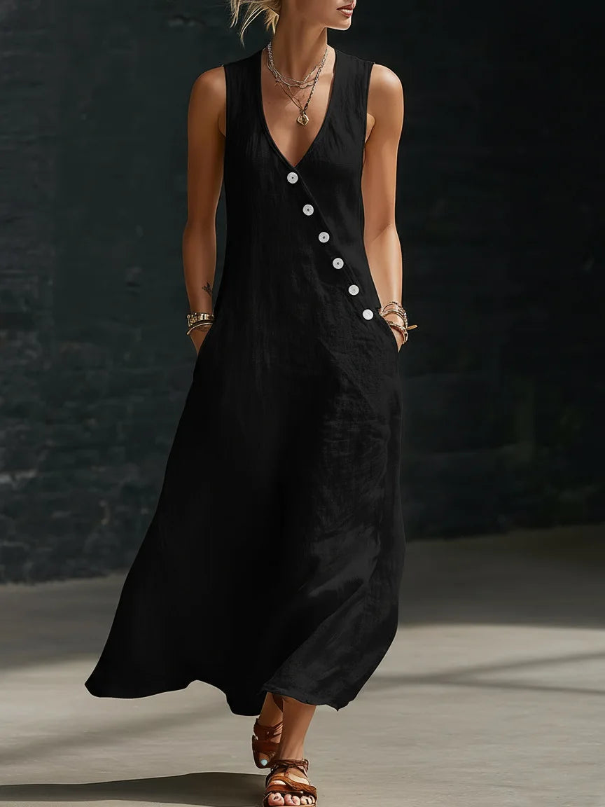 Vestido Midi Lino V-Neck con Bolsillos