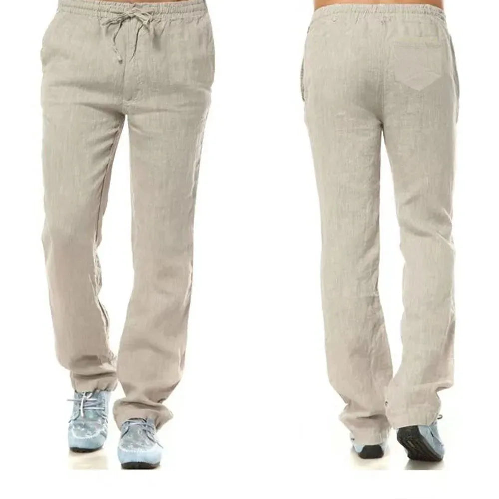 Pantalones de Lino y Algodón para Hombre – Corte Recto, Casual Streetwear con Bolsillo Trasero