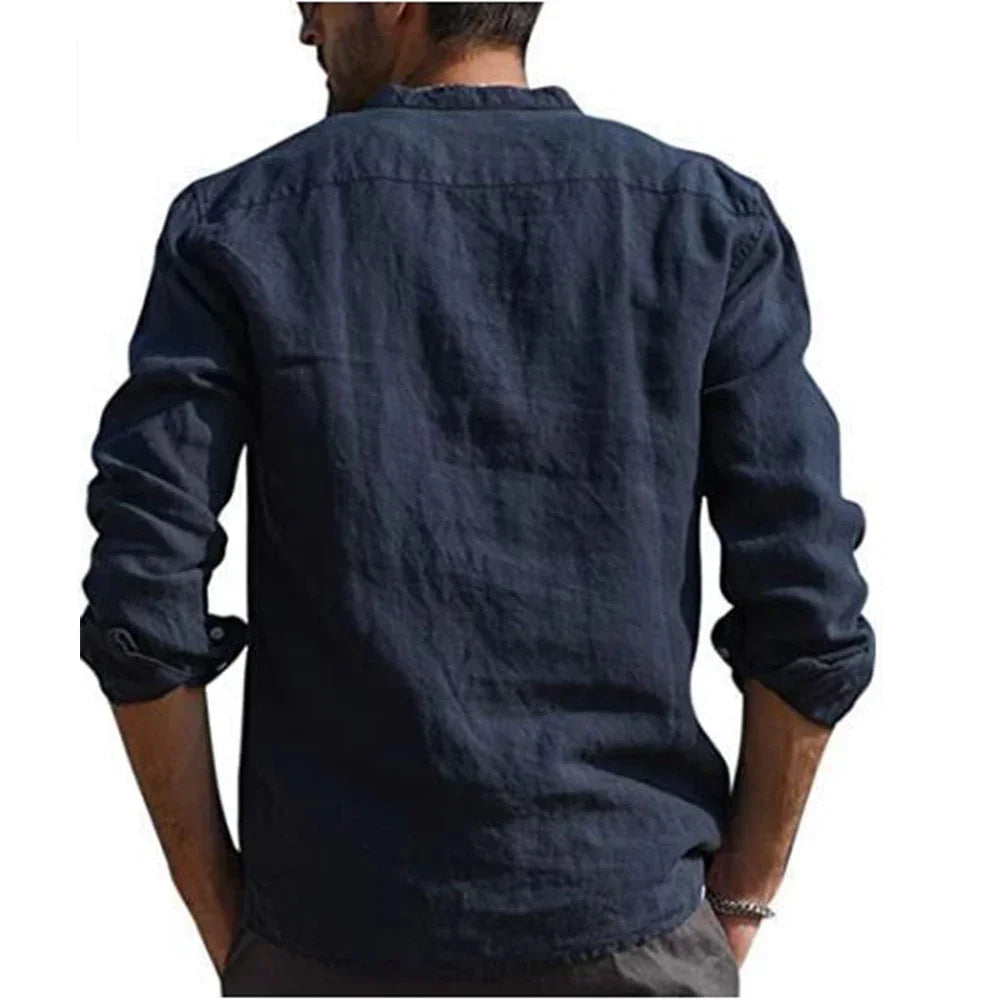 Camisa de manga larga de algodón de lino para hombre