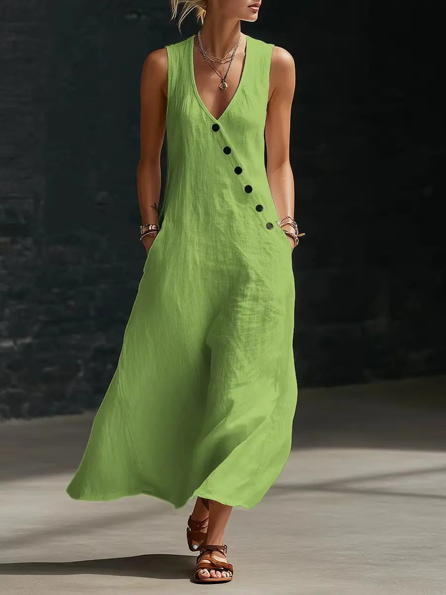 Vestido Midi Lino V-Neck con Bolsillos