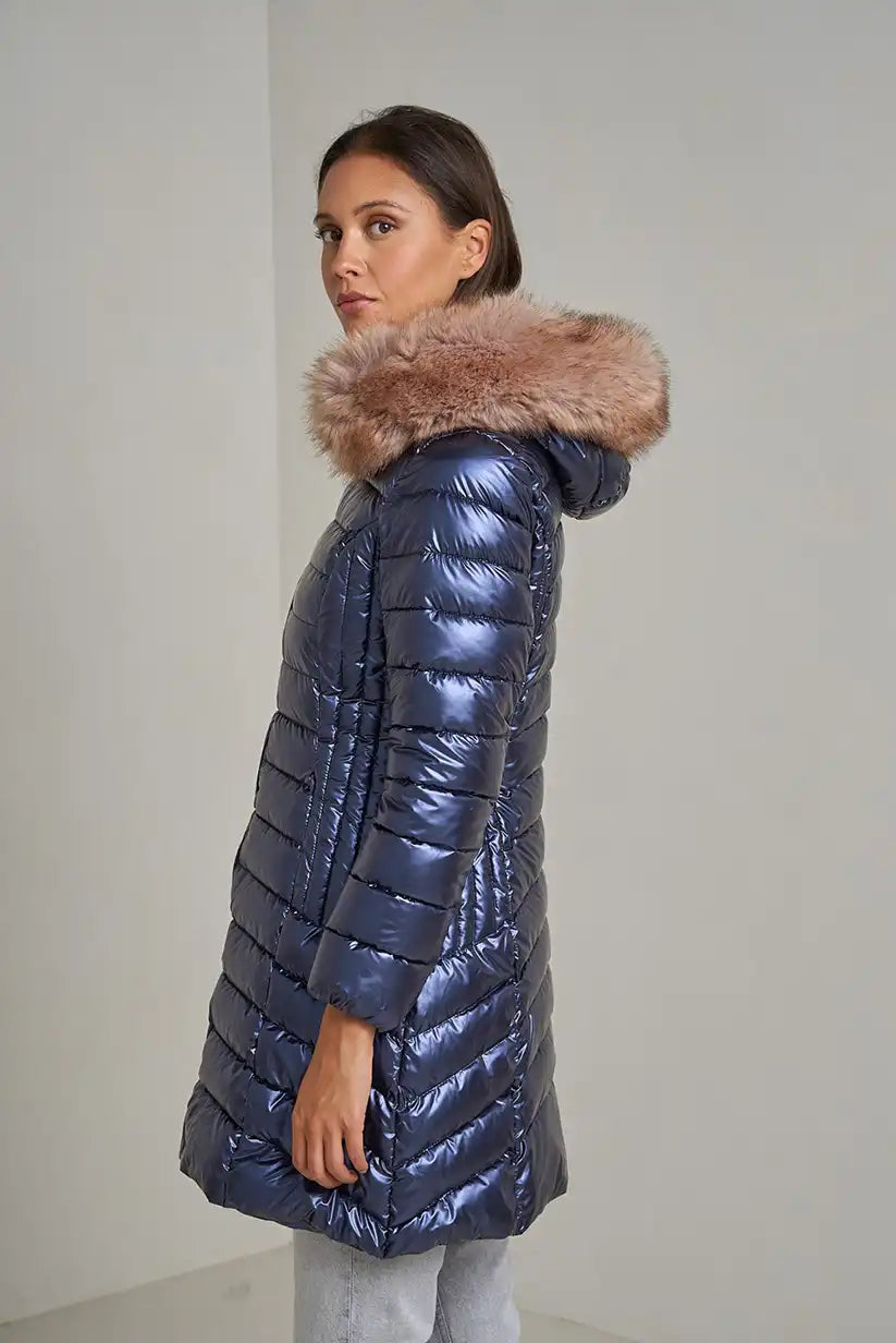 Abrigo Largo Mujer Azul Metalizado Acolchado con Capucha de Pelo
