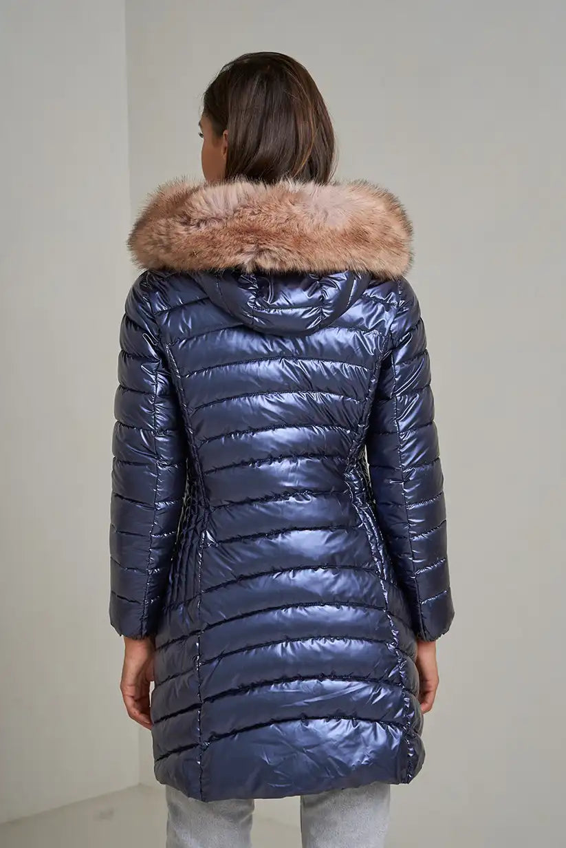 Abrigo Largo Mujer Azul Metalizado Acolchado con Capucha de Pelo