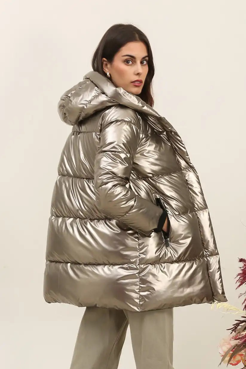 Abrigo Acolchado Dorado Mujer Largo Invierno Elegante con Capucha