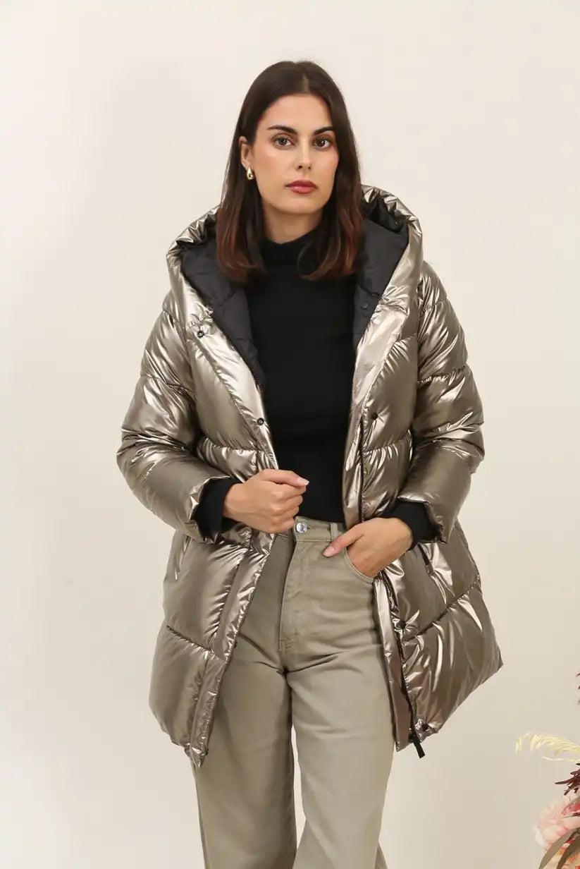 Abrigo Acolchado Dorado Mujer Largo Invierno Elegante con Capucha