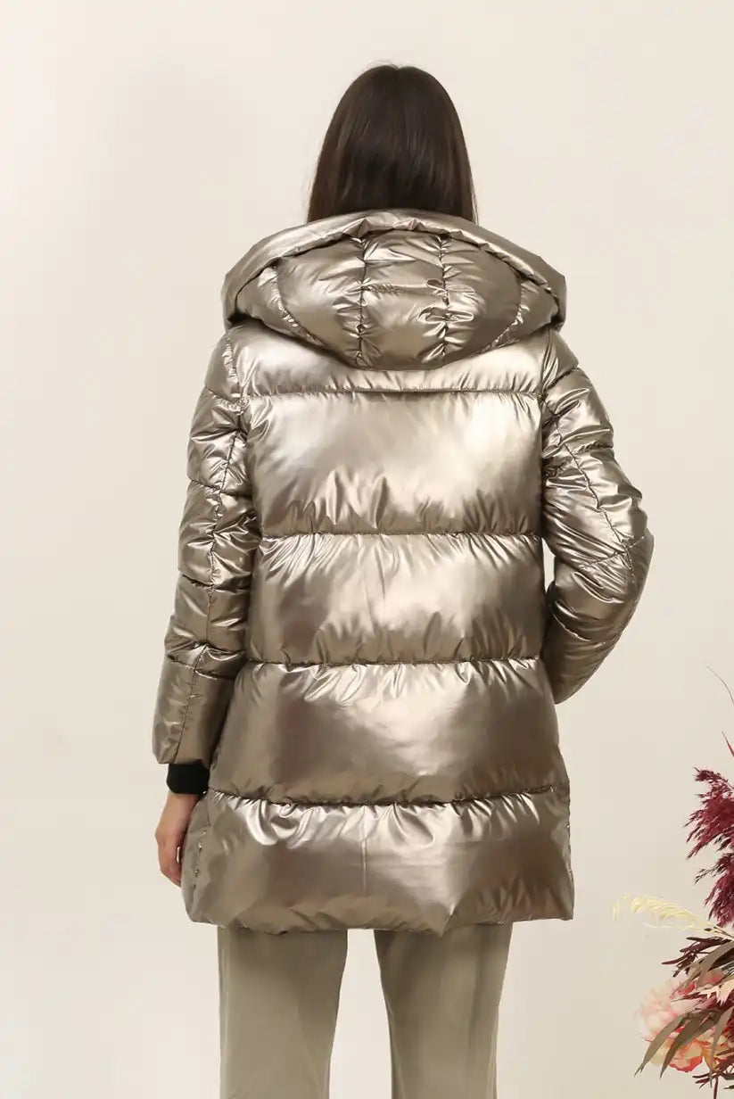 Abrigo Acolchado Dorado Mujer Largo Invierno Elegante con Capucha