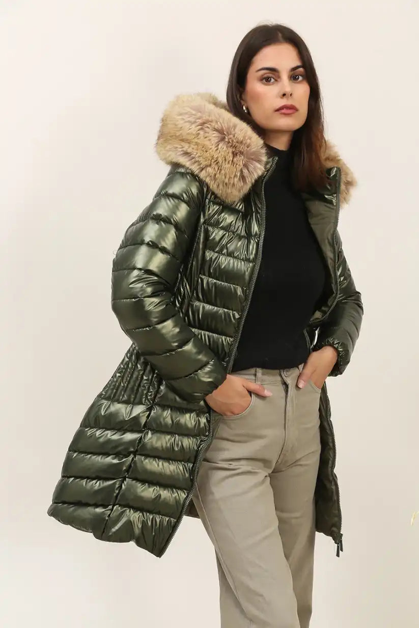 Abrigo Largo Mujer Verde Metalizado Acolchado con Capucha Pelo