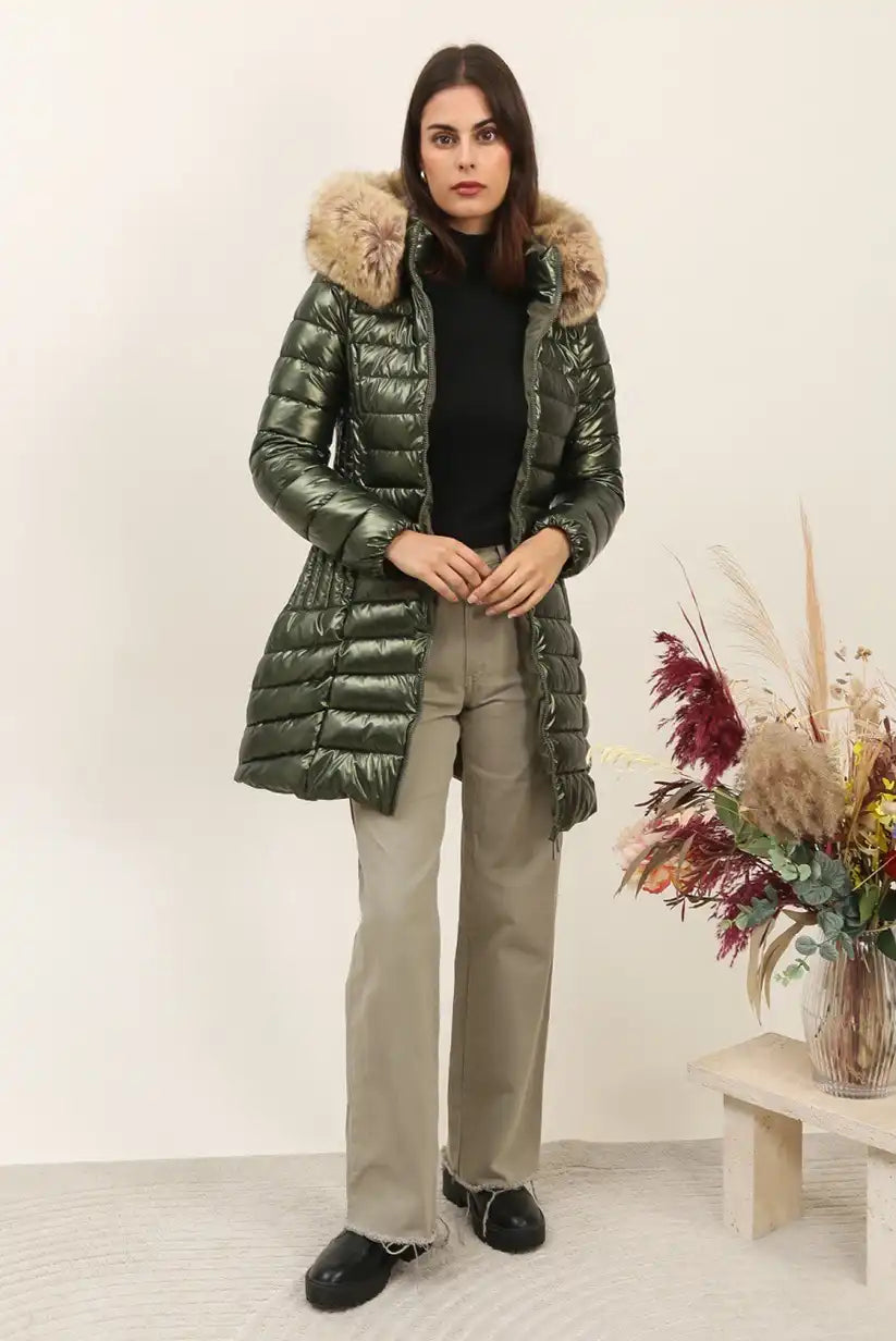 Abrigo Largo Mujer Verde Metalizado Acolchado con Capucha Pelo