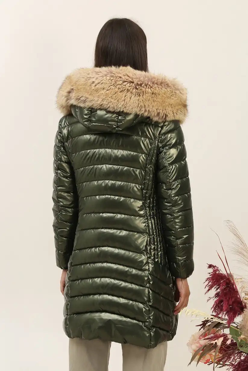 Abrigo Largo Mujer Verde Metalizado Acolchado con Capucha Pelo