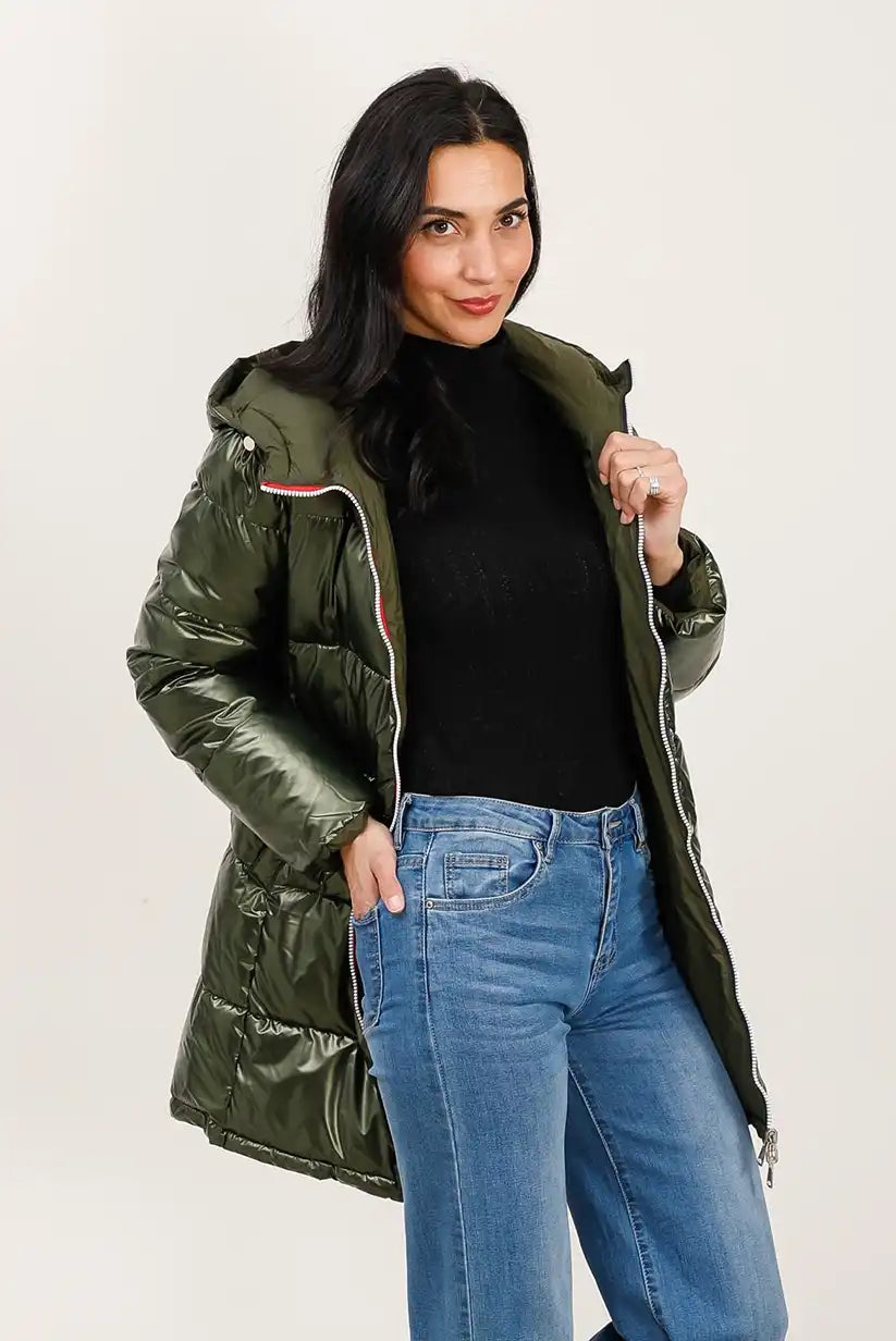 Abrigo Reversible Mujer Verde Caqui Invierno Largo con Capucha Cálido