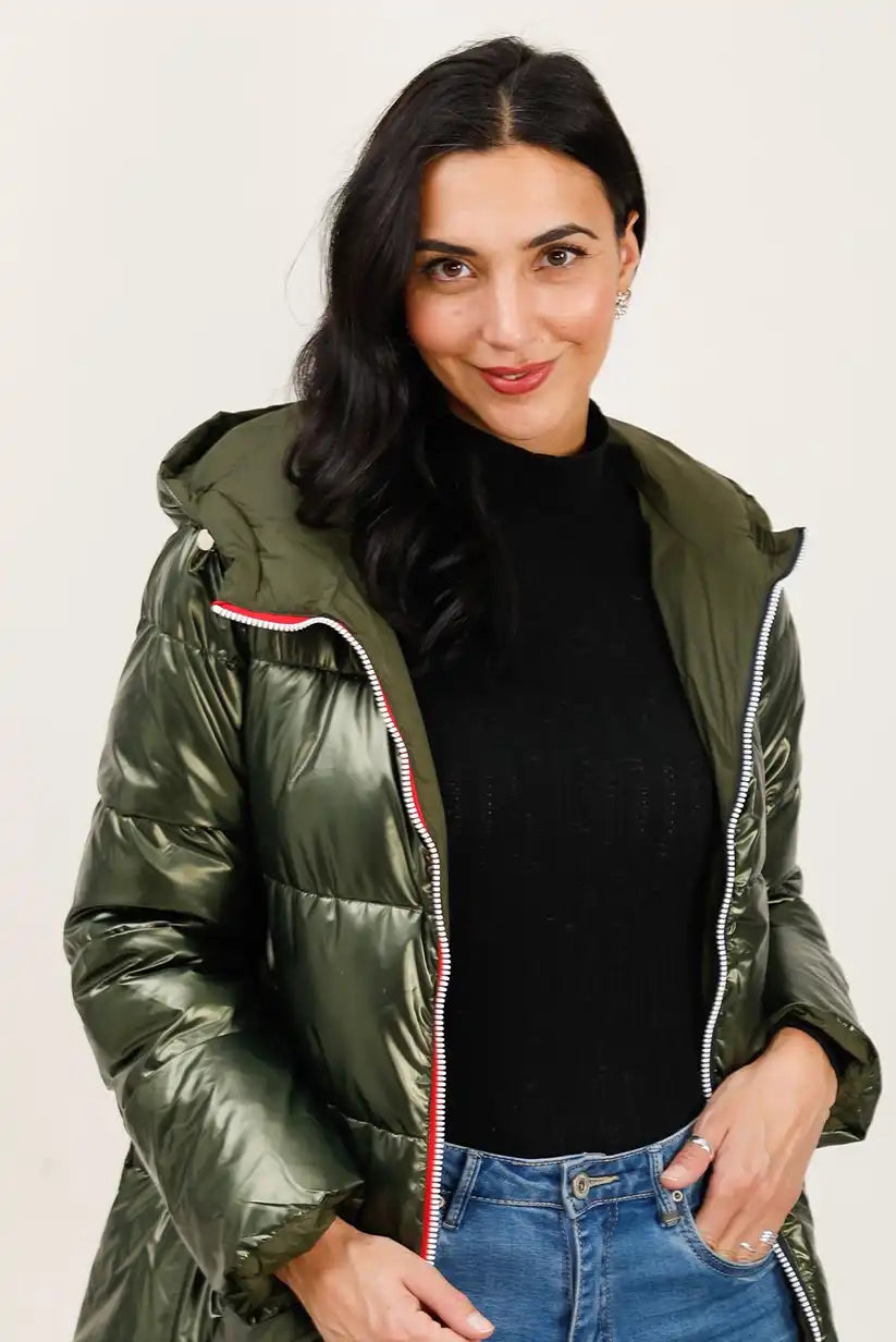 Abrigo Reversible Mujer Verde Caqui Invierno Largo con Capucha Cálido