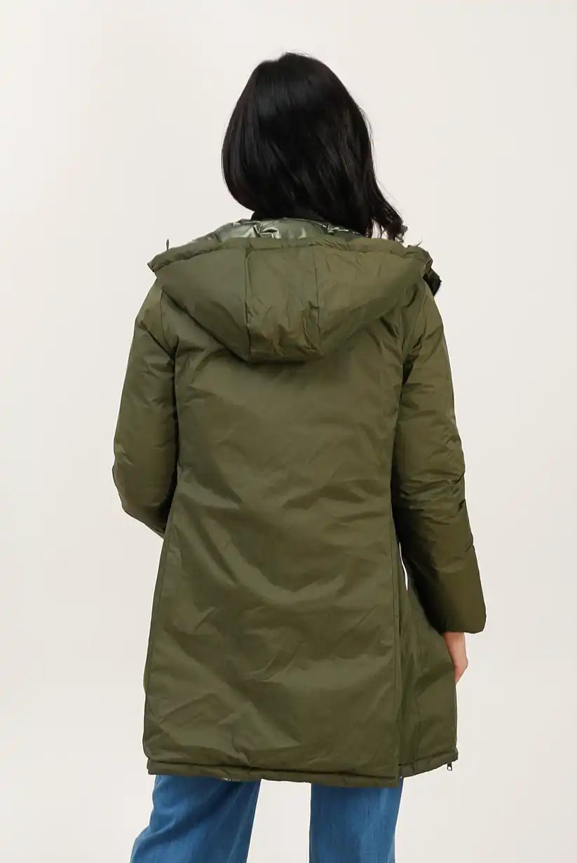 Abrigo Reversible Mujer Verde Caqui Invierno Largo con Capucha Cálido