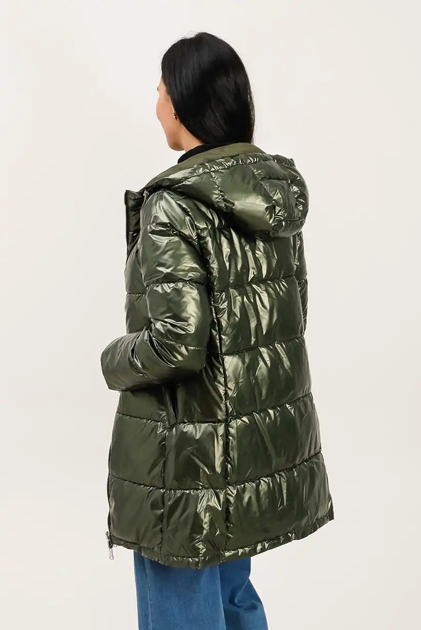 Abrigo Reversible Mujer Verde Caqui Invierno Largo con Capucha Cálido