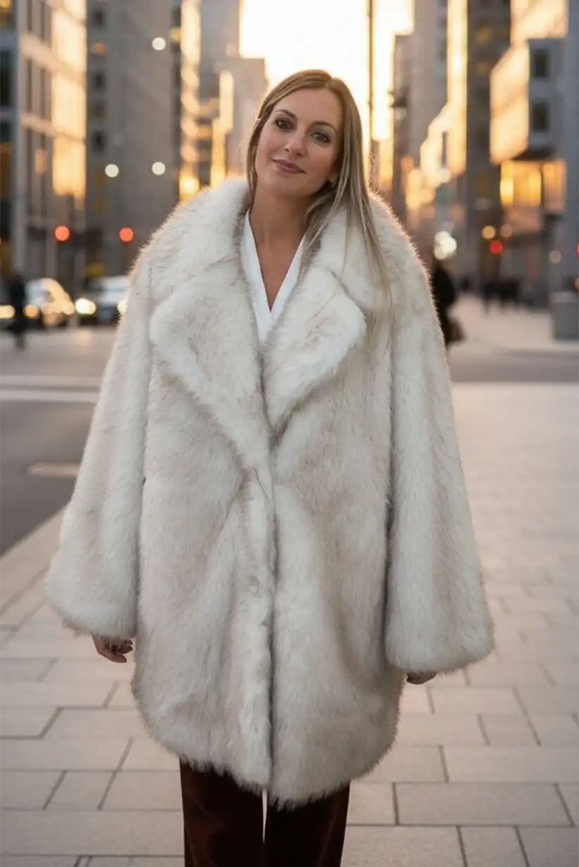 Abrigo pelo sintético Beige Mujer Vegano Elegante Invierno Cálido
