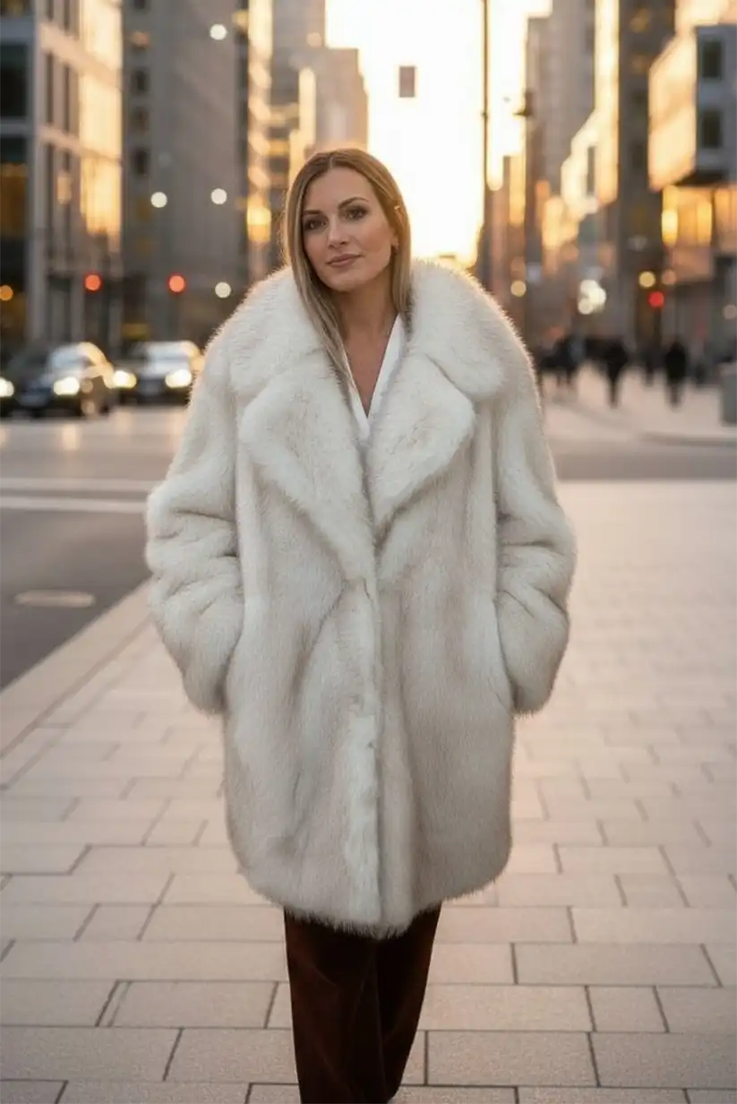Abrigo pelo sintético Beige Mujer Vegano Elegante Invierno Cálido