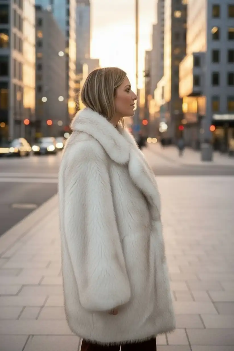 Abrigo pelo sintético Beige Mujer Vegano Elegante Invierno Cálido