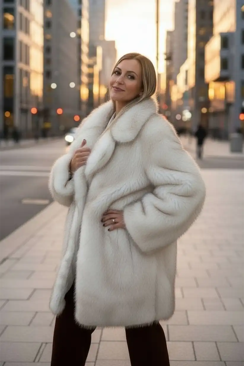 Abrigo pelo sintético Beige Mujer Vegano Elegante Invierno Cálido