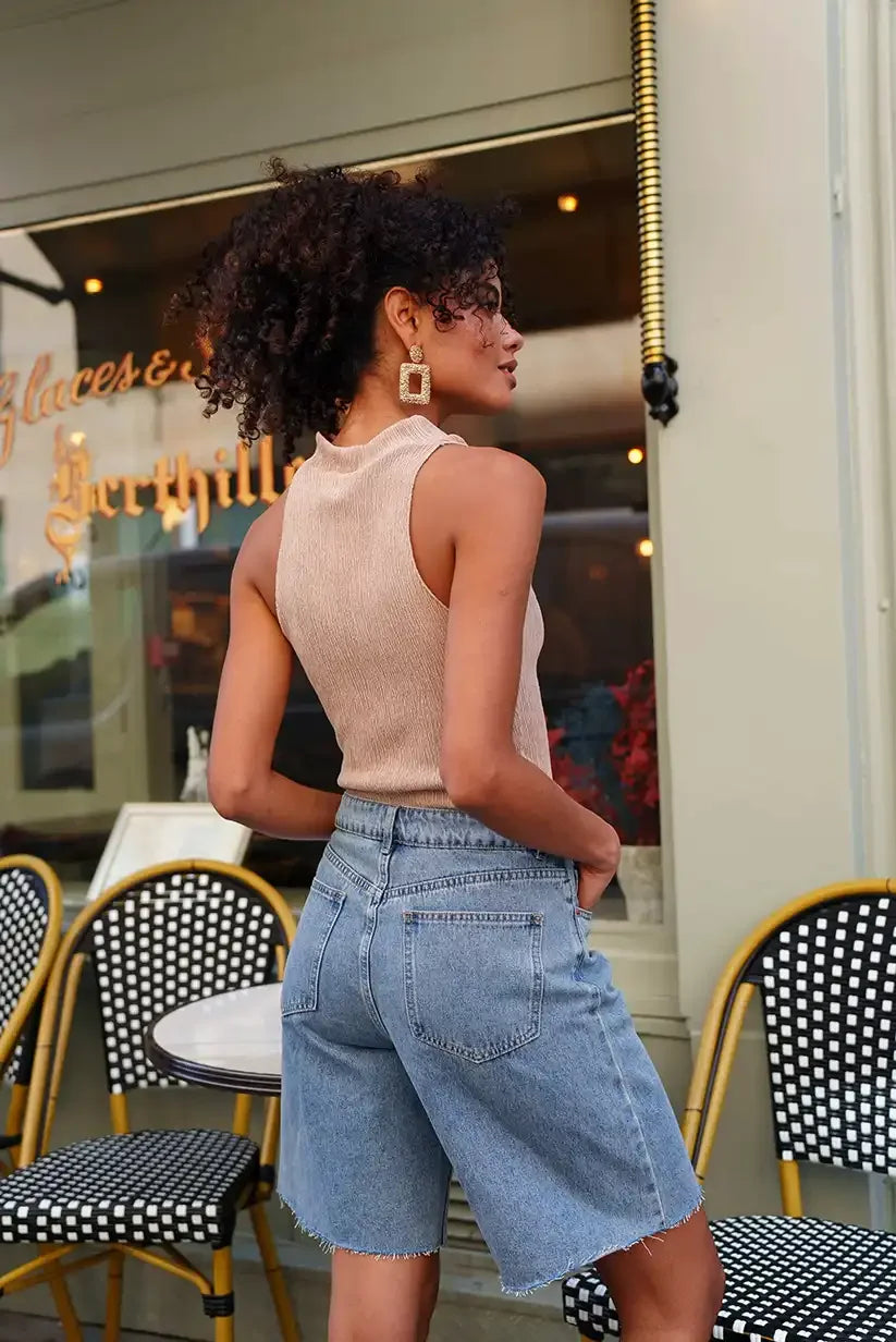 Pantalón Bermuda Shorts Mujer Denim Azul Corte Recto Cintura Media Casual