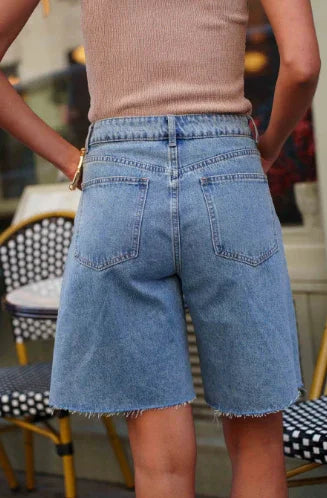 Pantalón Bermuda Shorts Mujer Denim Azul Corte Recto Cintura Media Casual