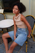 Pantalón Bermuda Shorts Mujer Denim Azul Corte Recto Cintura Media Casual