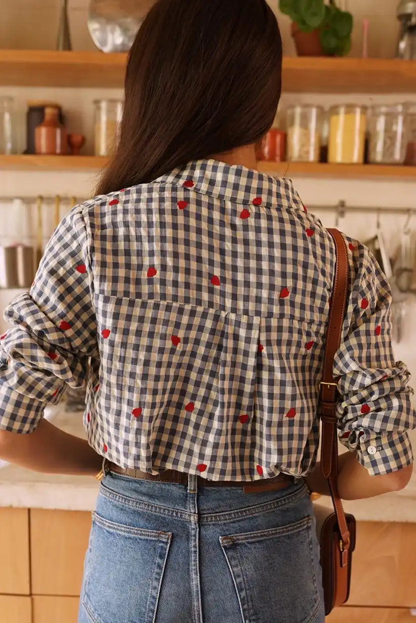 Camisa Mujer Cuadros Azul Beige Corazones Algodón Manga Larga