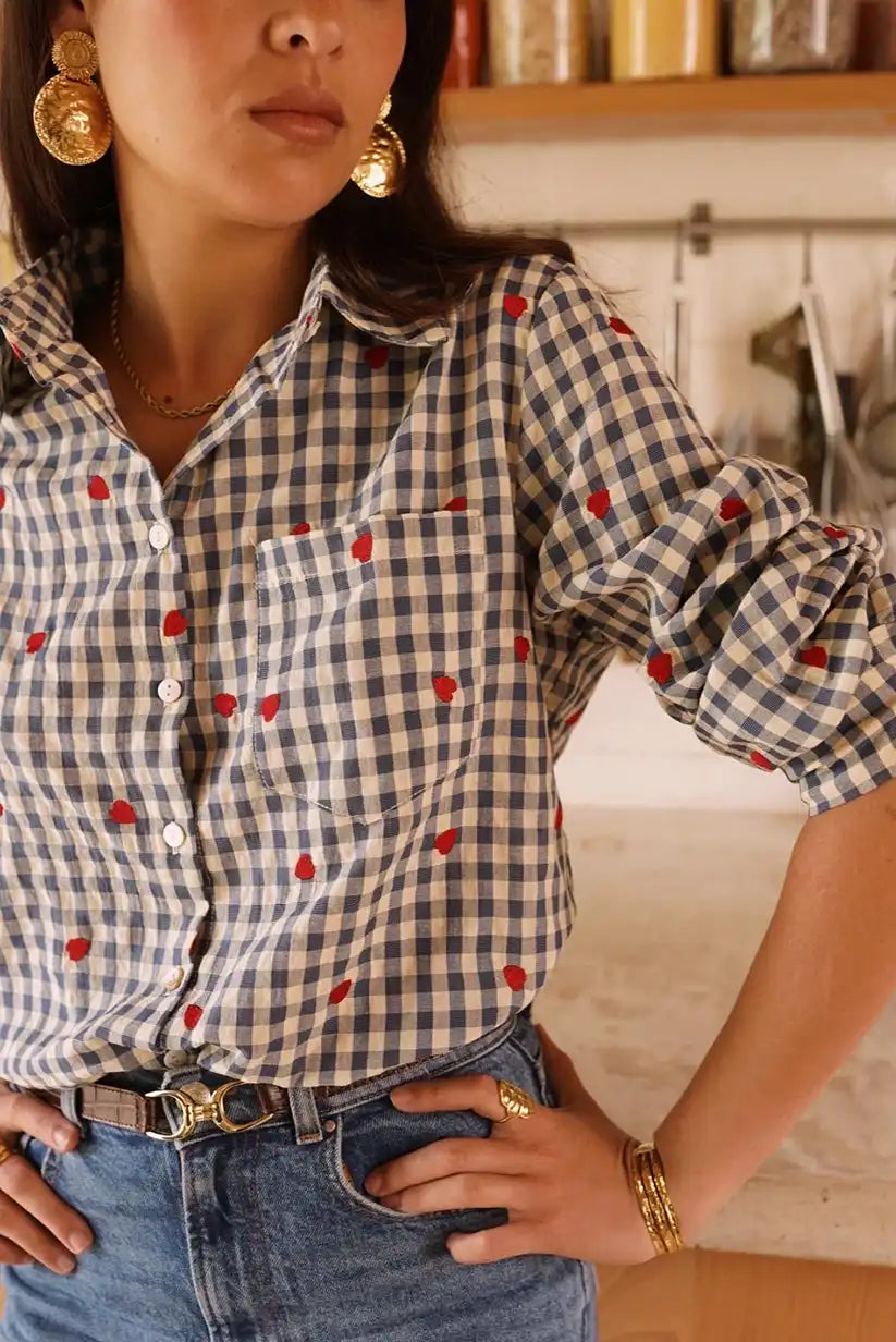 Camisa Mujer Cuadros Azul Beige Corazones Algodón Manga Larga