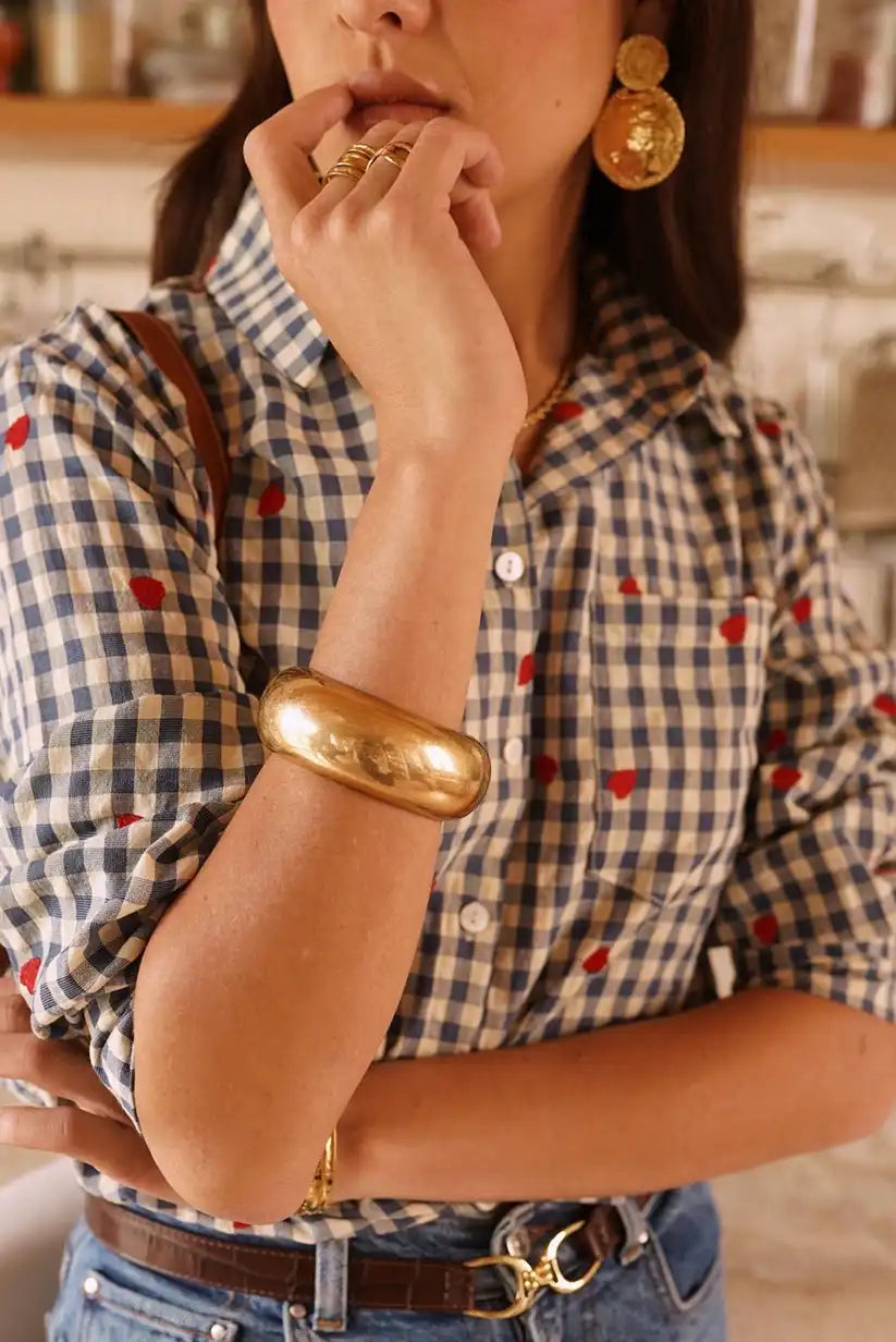 Camisa Mujer Cuadros Azul Beige Corazones Algodón Manga Larga