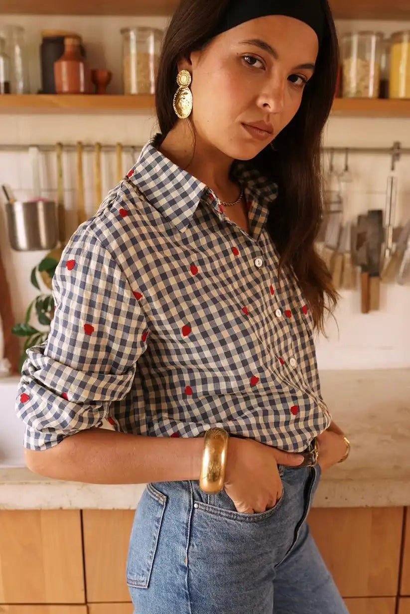Camisa Mujer Cuadros Azul Beige Corazones Algodón Manga Larga