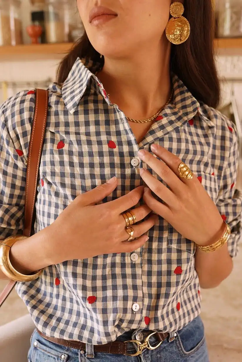 Camisa Mujer Cuadros Azul Beige Corazones Algodón Manga Larga
