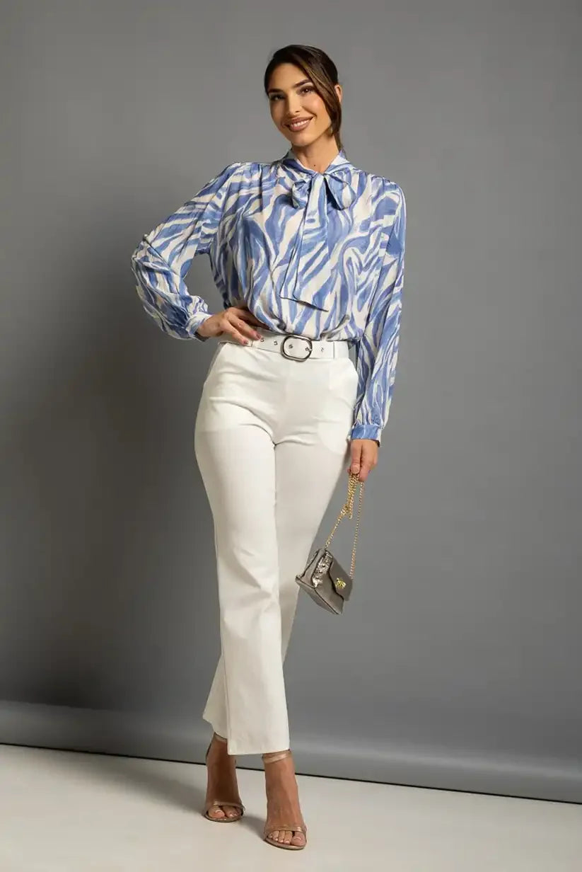 Blusa Mujer Azul Estampado Cebra con Lazo Cuello Elegante Chic
