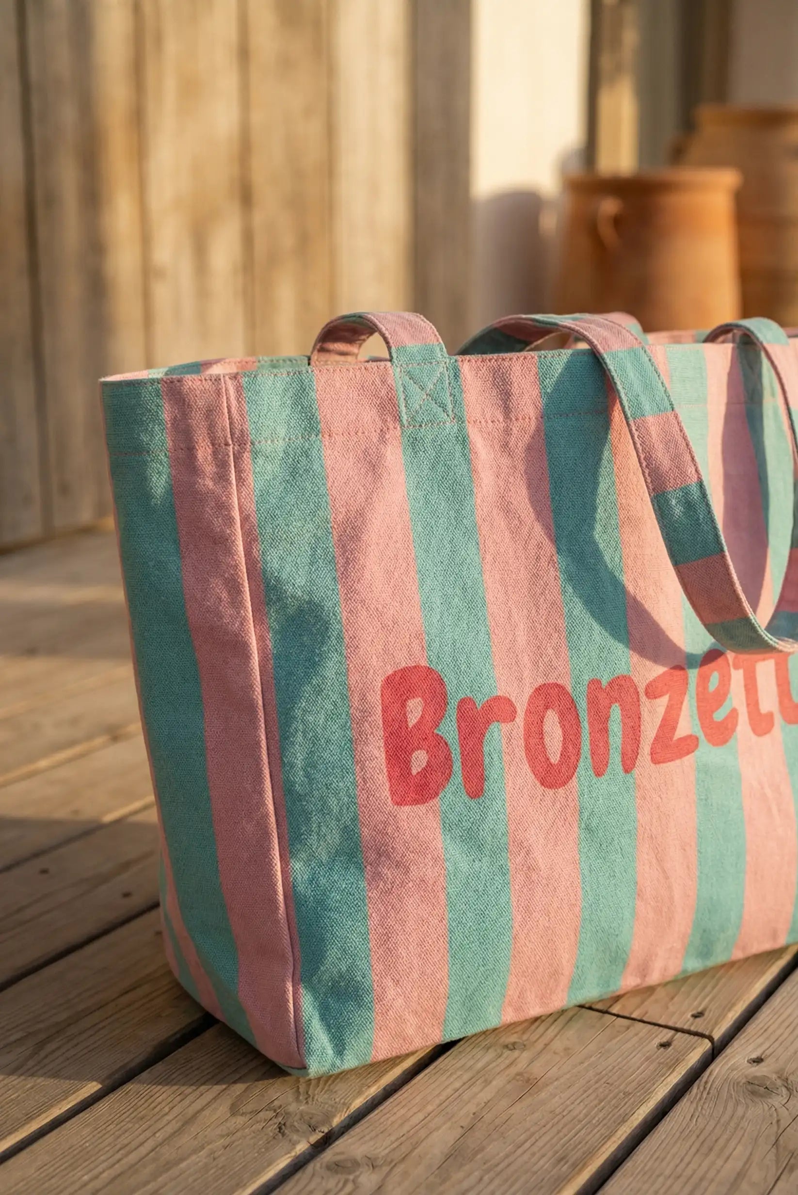 Bolso Tote Mujer Rayas Rosa y Verde Bronzette | Bolsa Playa Grande