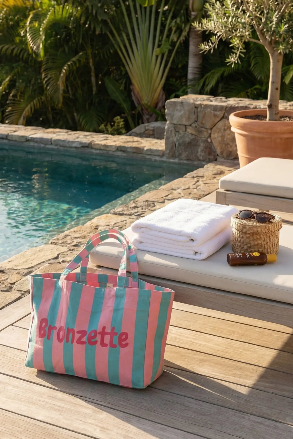 Bolso Tote Mujer Rayas Rosa y Verde Bronzette | Bolsa Playa Grande