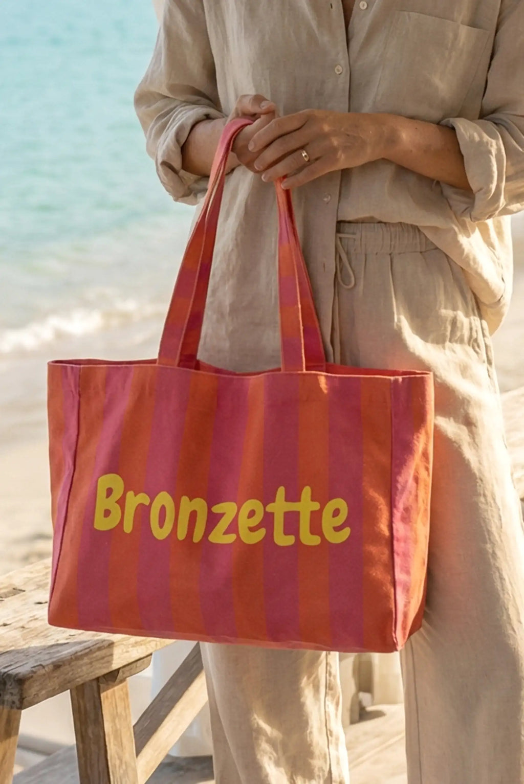 Bolso Tote Mujer Rayas Coral y Rosa Bronzette | Bolsa Playa Grande