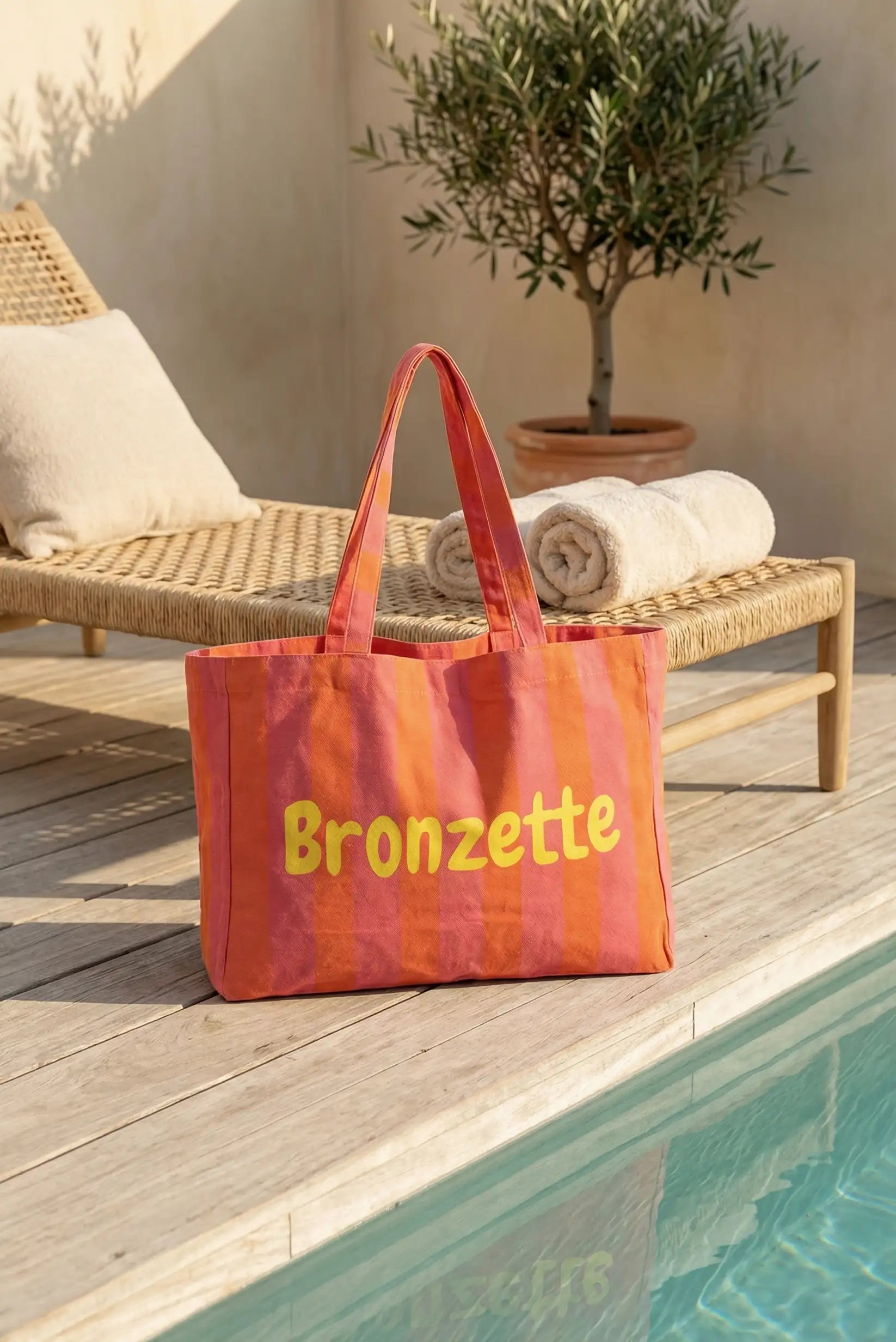 Bolso Tote Mujer Rayas Coral y Rosa Bronzette | Bolsa Playa Grande