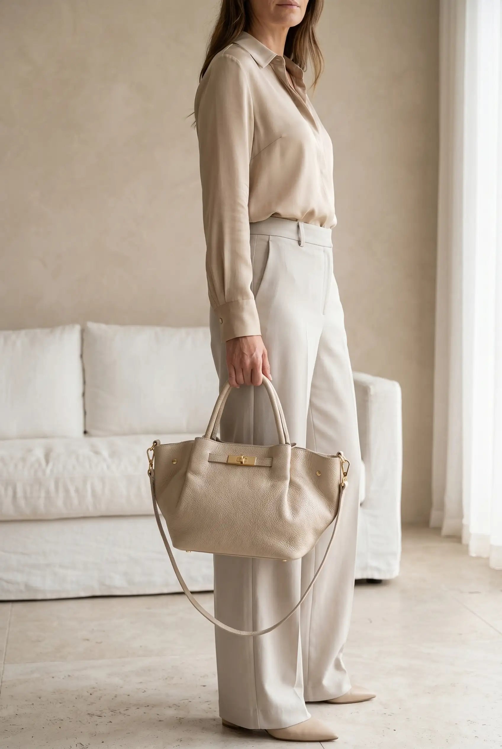 Bolso de mano y hombro Beige cierre tipo Hermes